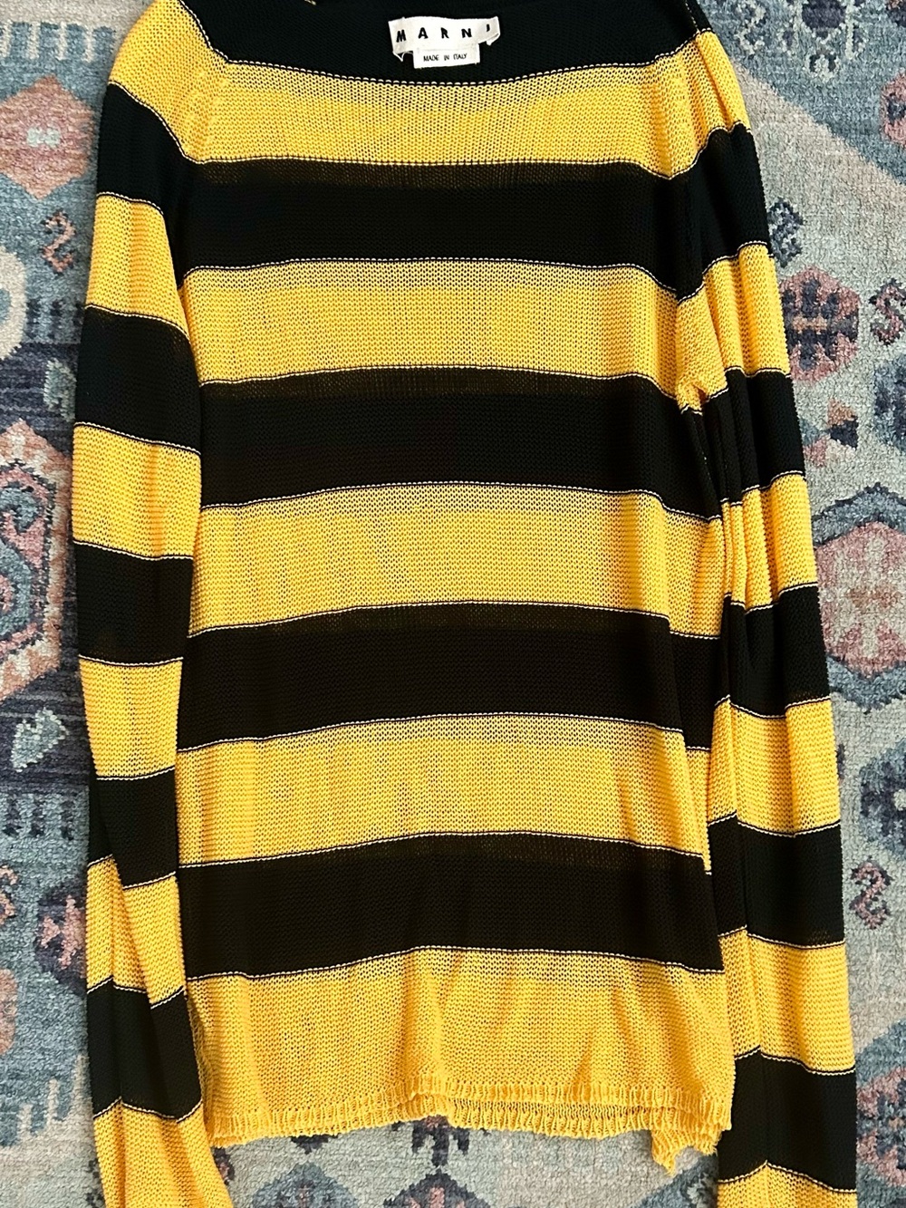 Marni Distressed Open Knit Striped Sweater Yellow Black Made in Italy